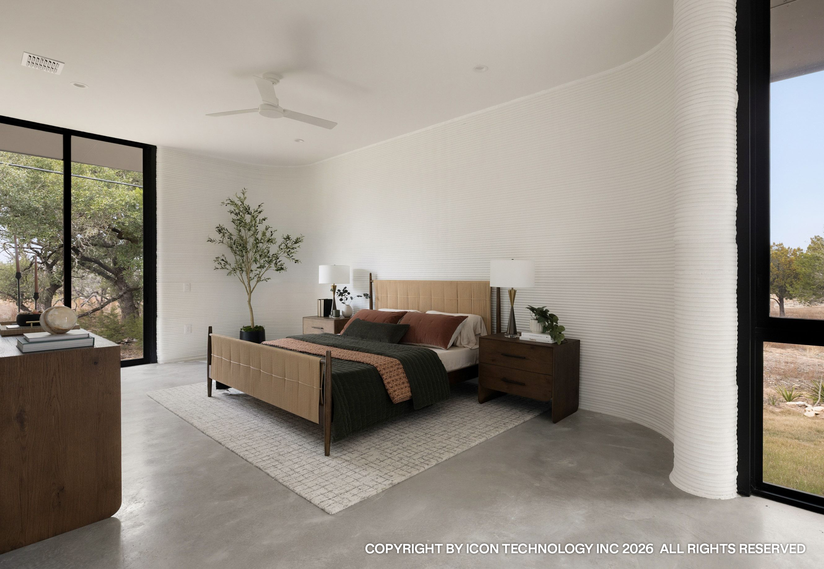 Bedroom with curved printed wall and olive tree
